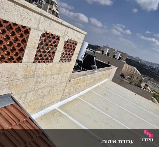 גג אטום עם קווים לבנים, בניינים ברקע